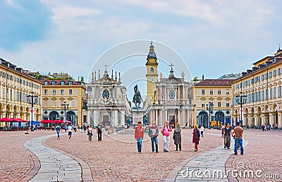 The San Carlo Square with Duke of Savoy equestrian statue and twin churches of San Cristina and San Carlo, Turin, Italy Editorial Stock Photo