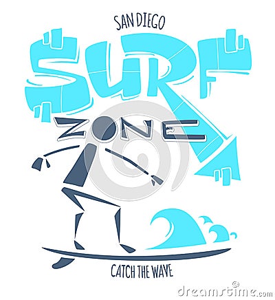 San Diego California Surf zone. Catch the wave. Surfing print T shirt graphics Vector Illustration