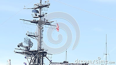 SAN DIEGO, CALIFORNIA USA - 4 JAN 2020: Radar of USS Midway military aircraft carrier, historic war ship. Naval army battleship Editorial Stock Photo