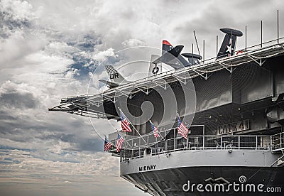 Side Stern of USS Midway Museum, San Diego, CA, USA Editorial Stock Photo