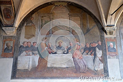 San Dominic in Mensa fed by the Angels, fresco in Santa Maria Novella church in Florence Stock Photo
