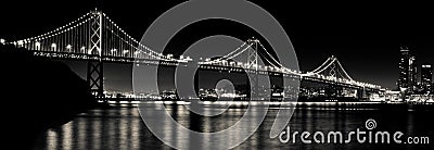 San Francisco Bay Bridge at Night Black and White Editorial Stock Photo