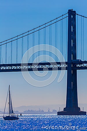 San Francisco Bay bridge sailboat from Pier 7 California Stock Photo