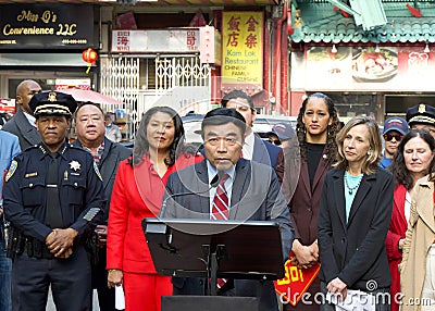 Kelvin Tse, President of the Chinese Consolidated Benevolent Assoc speaking at Mayor London Breed's Press Conf in Chinatown Editorial Stock Photo