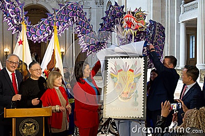 Politicians and City leaders unveiling of the commemorative Lunar New Year Stamp at City Hall Editorial Stock Photo