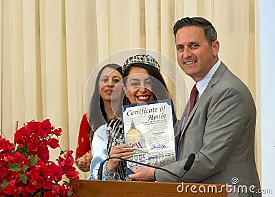 Supervisor Ahsha Safai presenting certificate of honor to Maryam Fasihy at a Nowruz celebration Editorial Stock Photo