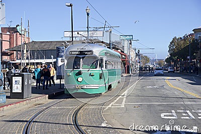SAN FRANCISCO, CALIFORNIA, UNITED STATES - NOV 25th, 2018: F-line Antique PCC streetcar No.1053 Brooklyn at Fisherman`s Editorial Stock Photo