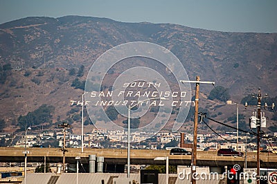 SAN FRANCISCO, CALIFORNIA, UNITED STATES - 30 October 2022: South San Francisco The Industrial City hillside sign Editorial Stock Photo