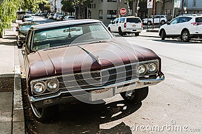 Detail of the front of a classic car on a street in San Francisco, California, USA Editorial Stock Photo