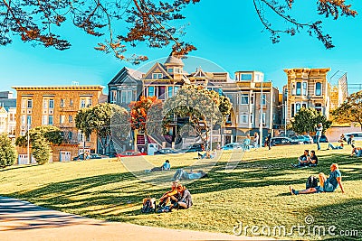 Panoramic view of the San Francisco Painted ladies Victorian Houses Editorial Stock Photo