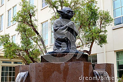 San Francisco, California: YODA Fountain. Fountain a statue of the Star Wars character Yoda, installed at the Lucasfilm Editorial Stock Photo