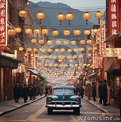 San Francisco Chinatown in the 1950s with colorful lanterns Stock Photo