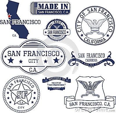 Generic stamps and signs of San Francisco city, CA Vector Illustration