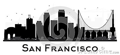 San Francisco City skyline black and white silhouette. Cartoon Illustration