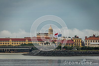 San Francisco de Asis Church in Casco Viejo and Panama Flag - Panama City, Panama Stock Photo