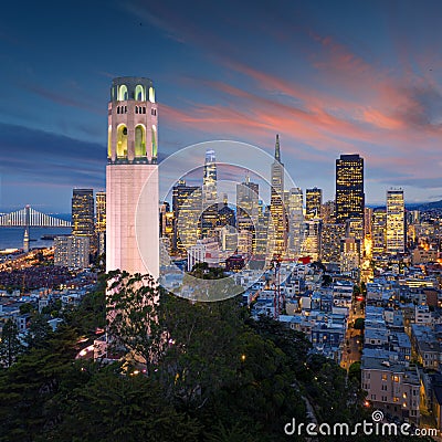 San Francisco downtown with Coit Tower in foreground. California famous city SF. Travel destination USA Editorial Stock Photo