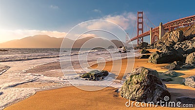 Golden Gate Bridge in San Francisco at sunset Stock Photo