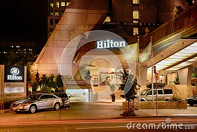 San Francisco Hilton Financial District Entrance at Night Editorial Stock Photo