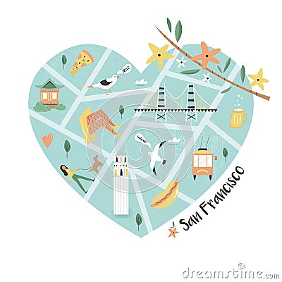 San Francisco illustrated city map with landmarks Vector Illustration