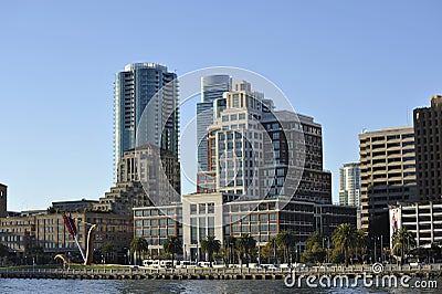 San Francisco skyline buildings; with peer and bay Stock Photo