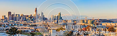 San Francisco skyline panorama at sunset with Bay Bridge Editorial Stock Photo