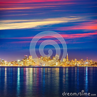 San Francisco sunset skyline California bay water reflection Stock Photo