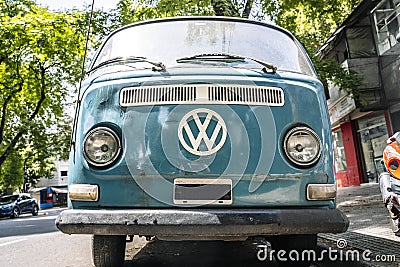 San Francisco, USA - January 15, 2023: Volkswagen vintage bus. Retro van hippie camper car on sunny street of the city. Editorial Stock Photo