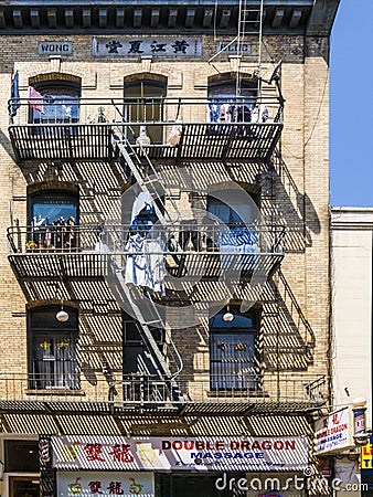 Iron fire escape is used for drying clothes Editorial Stock Photo