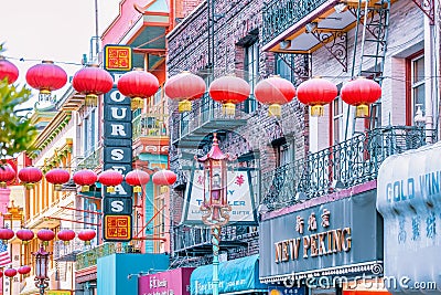 San Francisco, USA - October 16, 2021, Chinatown in San Francisco. Chinese lanterns on the street. Photo edited in pastel colors Editorial Stock Photo