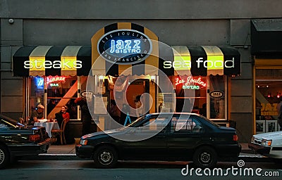 Oldest jazz club and cafe Les Joulins Jazz Bistro Editorial Stock Photo