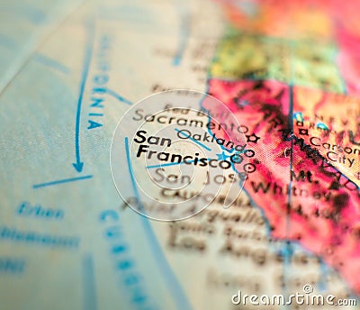 San Fransisco, California USA focus macro shot on globe map for travel blogs, social media, web banners and backgrounds. Stock Photo