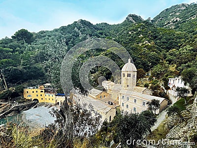 San Fruttuoso Abbey panorama, Liguria, Portofino, Italy Stock Photo
