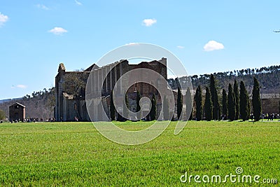 The San Galgano Abbey in Chiusdino, Italy - Inside the abbey there is the famous and legendary Sword in the Stone of King Arthur Stock Photo