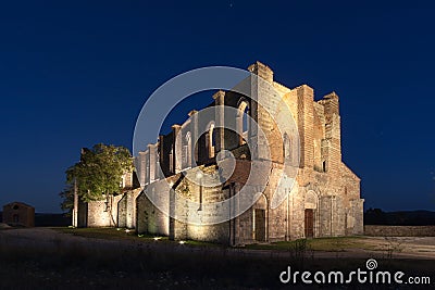 San Galgano roofless Cistercian abbey in Tuscany at sunset Editorial Stock Photo