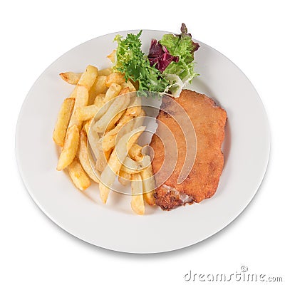 San Jacobo steak filled with cheese with French fries and endive. Stock Photo