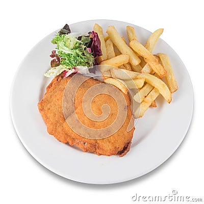 San Jacobo steak filled with cheese with French fries and endive. Stock Photo