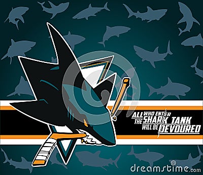 San Jose Sharks vector logo isolated on blue-green teel background.NHL. Editorial Stock Photo
