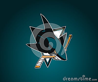 San Jose Sharks vector logo.NHL.Blue-green background with shark. Editorial Stock Photo