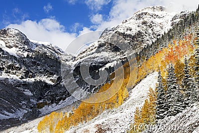 San Juan Mountains in Fall Colors and Snow, Colorado Stock Photo