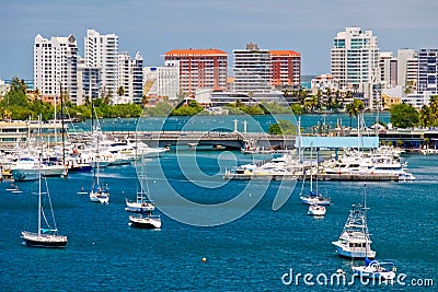 San Juan, PR - Beautiful San Juan Bay and Boats Editorial Stock Photo