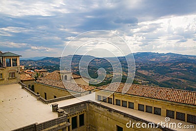San Marino. Beautiful view to the mountains behind houses with o Stock Photo
