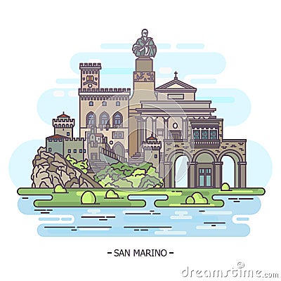 Landmarks of San Marino, architecture monuments, tourism theme Vector Illustration