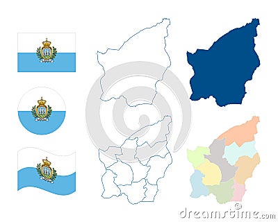 San Marino map. Detailed blue outline and silhouette. Administrative divisions and municipalities. Country flag. Set of vector map Vector Illustration
