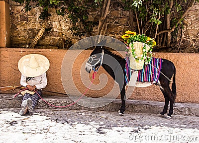 Man with mexican revolutionary costume and donkey Editorial Stock Photo