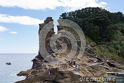 San Miguel, Portugal, June 2019. Amazing landscape in the Azores. Large rocks against the blue sky on the uninhabited volcanic Editorial Stock Photo