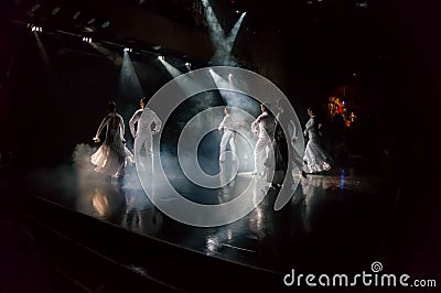 Folk dancers perform the famous Spanish passionate Flamenco dance on the stage of the Castle of San Miguel during a dance show for Editorial Stock Photo