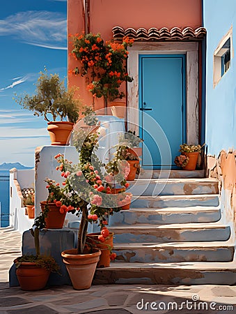 San Miguel Vibrant Color Combinations, A Blue Door With Orange Flowers And Stairs Stock Photo