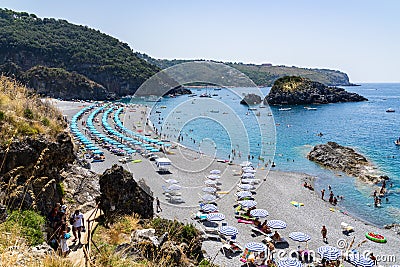 San Nicola Arcella, Calabria, Italy ??Aug. 2020: A beautiful sandy beach near Arcomagno cave Editorial Stock Photo