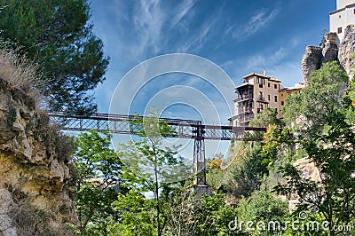 San Pablo bridge and Cuenca famous hanging houses seen from the valley, Spain Stock Photo