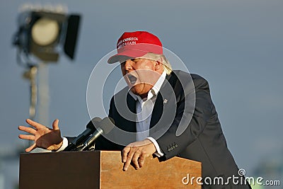 SAN PEDRO, CA - SEPTEMBER 15, 2015: Donald Trump, 2016 Republican presidential candidate, speaks during a rally aboard the Battles Editorial Stock Photo